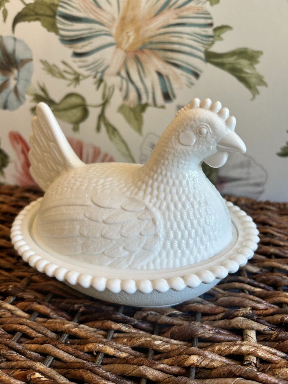 Vintage White Milk Glass Hen on Nest Covered Dish Cottage Decor HON